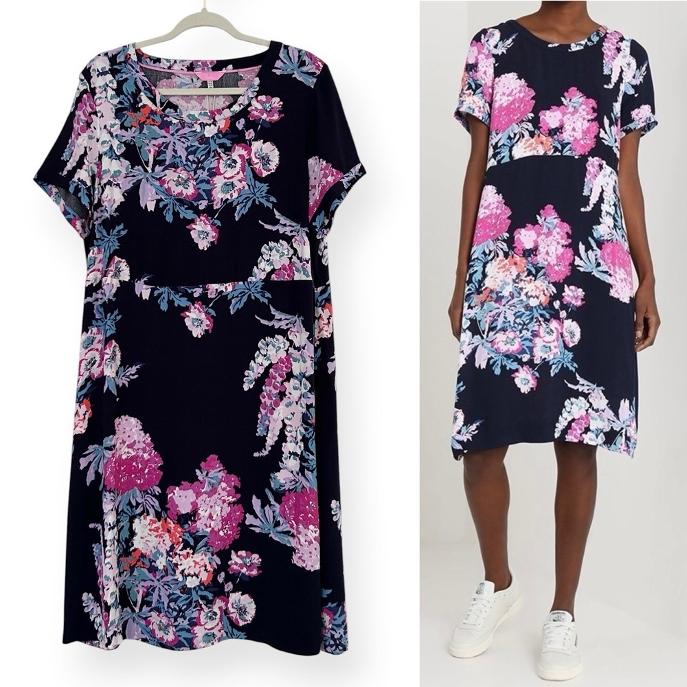 Joules Women's 10 Blue Multi Krista Floral Short Sleeve Viscose Shift Dress NWT